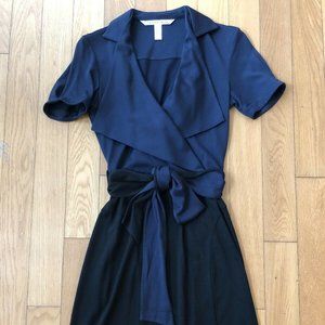 DVF FAUX WRAP NAVY BLACK RIBBON DRESS